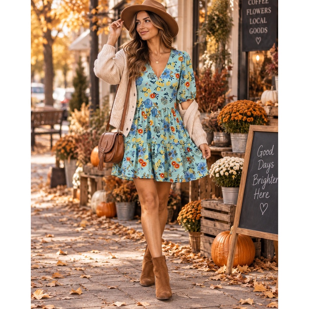 Women's XL Blue Floral Tiered Babydoll Dress Puff Sleeve Boho Cottagecore